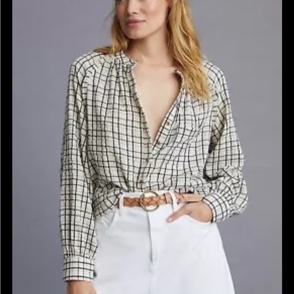 Pilcro Crinkle Plaid Button Front Shirt Medium Anthropologie - Picture 2 of 9
